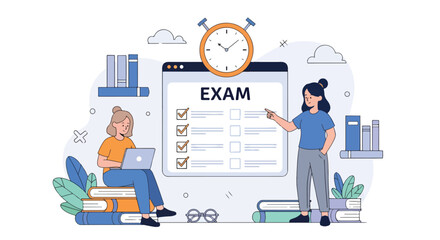 Flat illustration of students preparing for online exam with laptop, checklist, and timer, symbolizing study, digital education, testing, and academic preparation in modern learning environment