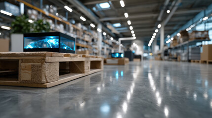 Naklejka premium This image captures illuminated items on a wooden pallet in a spacious warehouse environment, inviting curiosity about the creative displays and the atmosphere of innovation.