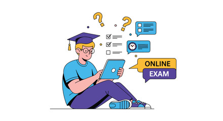 Vector illustration of student in graduation cap taking an online exam on tablet, showing checklist, timer, and digital learning icons, ideal for education, e-learning, and academic concepts