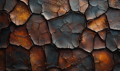 Close-up view of cracked earth, exhibiting patterns of varying brown and dark tones