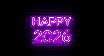 Bright purple neon sign reads happy 2026 against a dark background