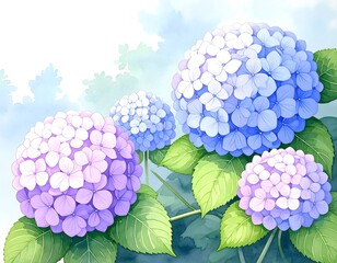 Pastel hydrangea blossoms in a soft, airy landscape
