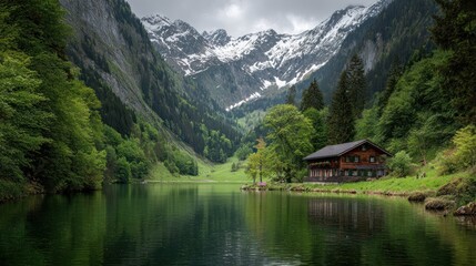 Fototapeta premium Mountain lake cabin scenic landscape