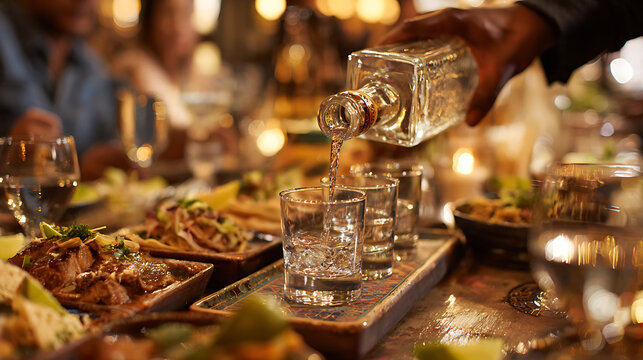  A man pouring tequila for a group of friends at a Mexican tapas restaurant (1) - Powered by Adobe
