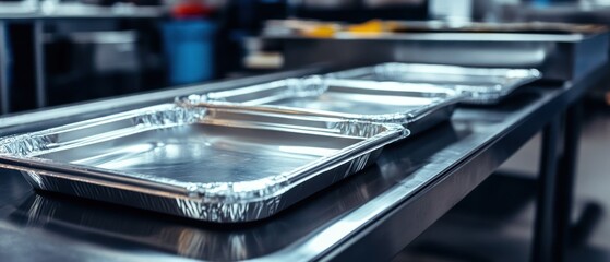 Fototapeta premium Empty aluminum food trays on stainless steel counter