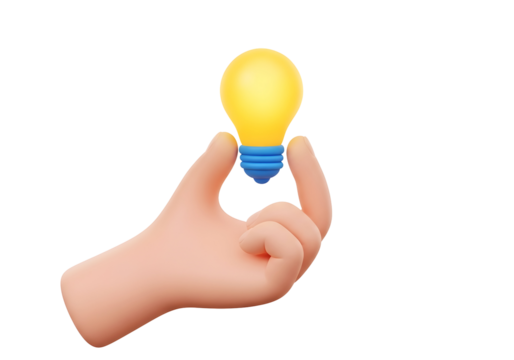Hand holding glowing light bulb symbolizing new idea innovation and bright inspiration concept isolated on transparent background