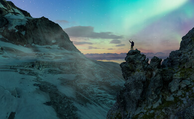 Silhouette of a Hiker on a Mountain Under Northern Lights in 3D Rendering