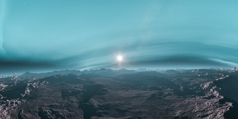 Distant Planet Landscape with Sunrise and Stars in a 3D Rendering Environment
