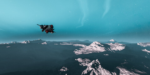 Futuristic Spaceship Soaring Above Snowy Mountain Landscape in a Starry Sky