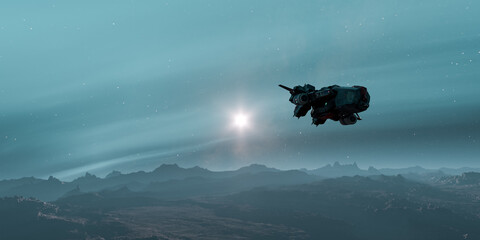 Futuristic Spaceship Flying Over Alien Landscape in Stunning 3D Rendering