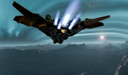 Futuristic Spaceship Over Hills Under Night Sky in 3D Rendering