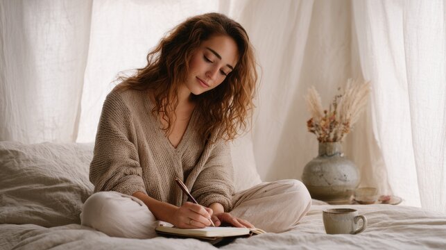 Young woman journaling in leather notebook on cozy linen bed in morning light, wearing beige cardigan, surrounded by vintage decor and steaming herbal tea, nostalgic mood with copyspace - Powered by Adobe
