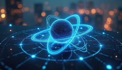 Abstract futuristic atom model with glowing blue lines, points. Represents advanced tech concepts for AI, nuclear energy, automation. Features 3D elements, modern graphic design for innovation,