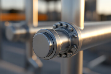 Close-up of silver metal pipes and fittings with visible bolts and connections in a blurry outdoor industrial setting. Structural integrity emphasized.