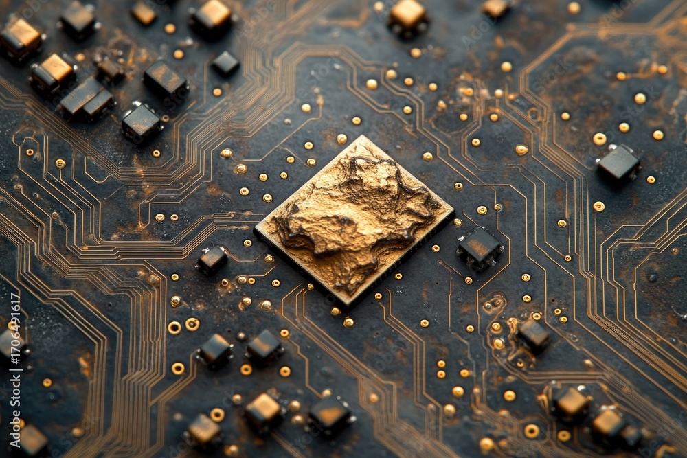 Poster close-up of a circuit board with a gold, rock-like component in the center.