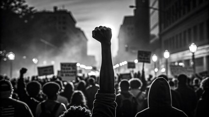 Black and white protest scene with raised fist and crowd holding signs in city street march symbolizing justice freedom power and resistance