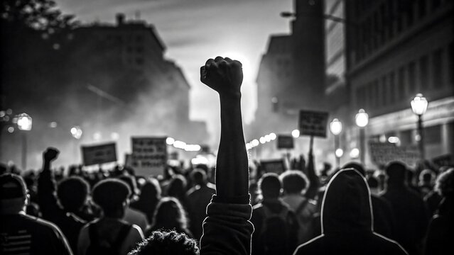Black and white protest scene with raised fist and crowd holding signs in city street march symbolizing justice freedom power and resistance