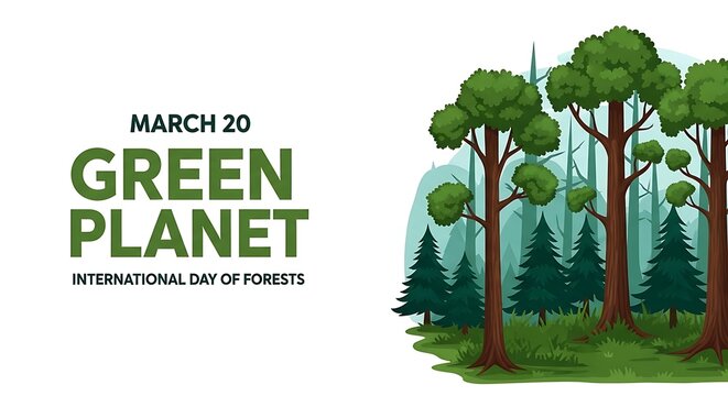 Green planet illustration for international day of forests on march 20, with trees and forest on white background