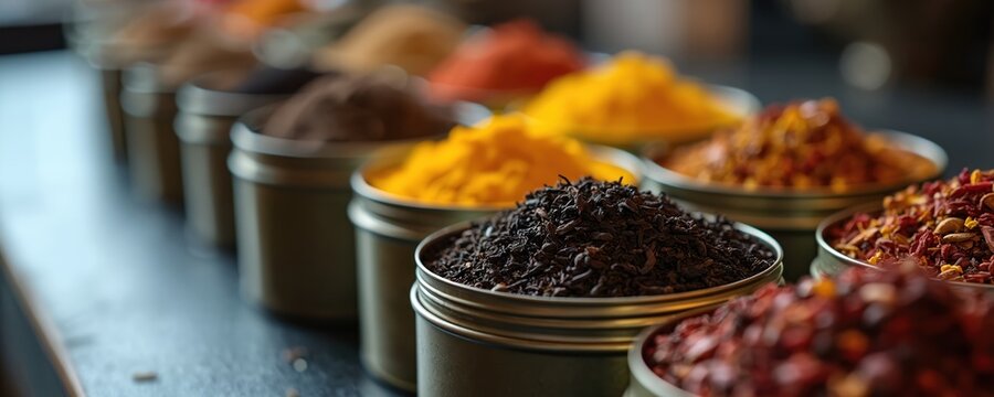 Assorted loose tea varieties in metal tins offer colorful display of dried leaves, spices, herbs for beverages. Offers selection of aromatic blends, including herbal, black, green teas. Ideal for