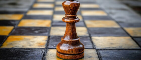 Wooden chess queen on checkered board game strategy concept