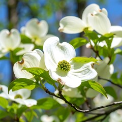 Close-up of numerous white flowers, bright green leaves, and branches against a clear blue sky
