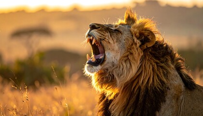 Majestic lion roaring at sunrise