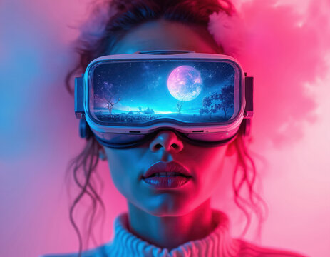 Vibrant portrait woman wears VR headset, exploring futuristic metaverse. Pop-art style with glitch effects, digital elements. Colorful pink, blue neon lighting. Experience virtual reality, digital