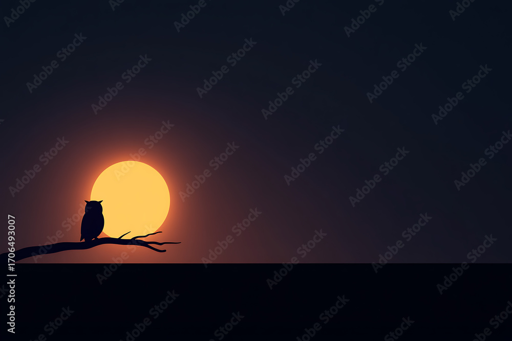 Poster silhouette of an owl perched on a branch, the sun setting in the background creating a striking cont