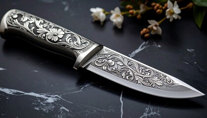 Ornate knife with floral engravings on dark stone surface