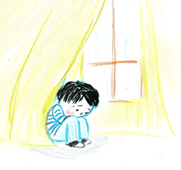 Children’s Crayon Drawing of a Sad Child Sitting in a Corner of the House
