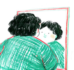 Children’s Crayon Drawing of an Overweight Person Looking Sadly in the Mirror