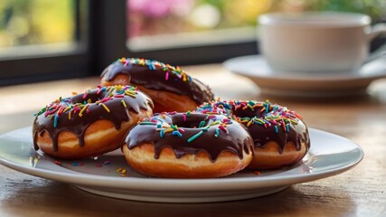 Delicious donuts with chocolate frosting and colorful sprinkles on a white plate near a coffee cup