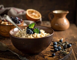 Oatmeal with blueberries, nuts and milk