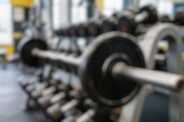 Fototapeta premium Blurred background of metal weight plates attached to a barbell on the floor inside a fitness center. Weight lifting machine for building muscle.
