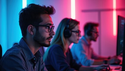 Tech startup team works intensely in modern office. Employees code, brainstorm, develop software on computers, collaborating on projects. Vibrant neon lighting creates innovative, focused atmosphere.