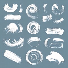 Set of 16 white paintbrush strokes on muted gray background
