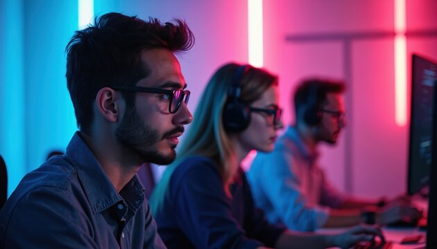 Tech startup team works intensely in modern office. Employees code, brainstorm, develop software on computers, collaborating on projects. Vibrant neon lighting creates innovative, focused atmosphere.