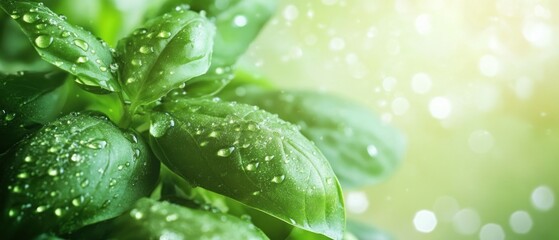 Fresh basil leaves with water droplets close up