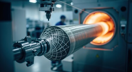 Composite liner production cell featuring synchronized filament winding and curing phases optimized for manufacturing cryogenic hydrogen fuel tanks.
