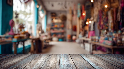 Empty weathered wood table with blurred bokeh background of a gift shop interior. Display concept for product placement.