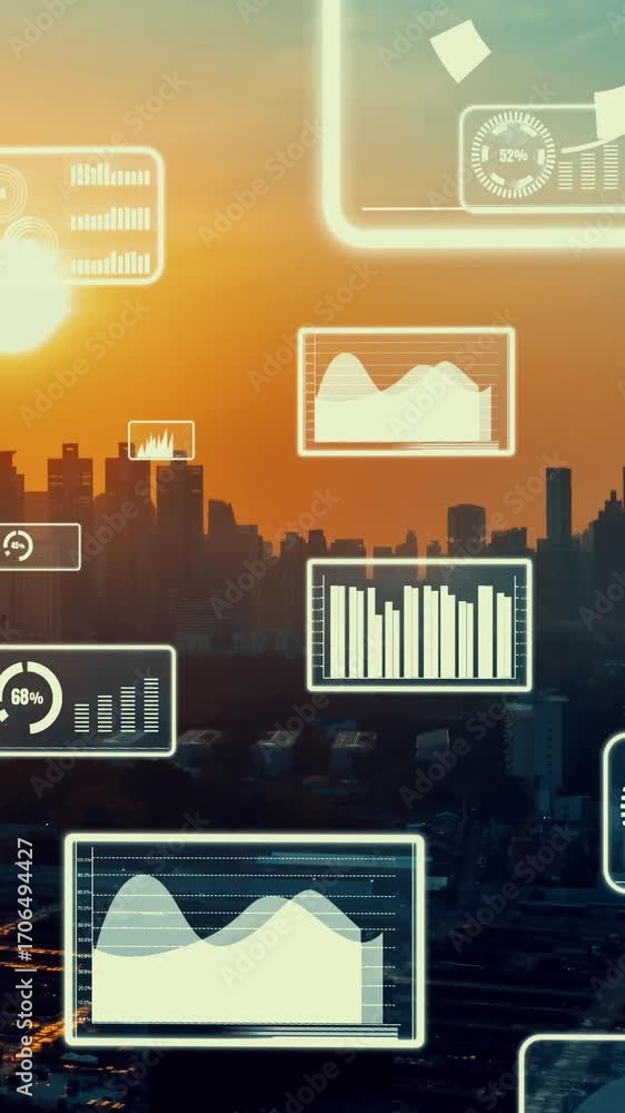Poster business data analytic interface fly over smart city showing alteration future of business intellige