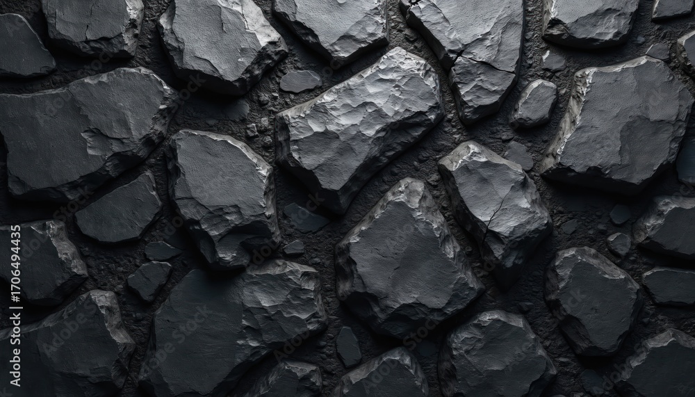 Poster abstract dark gray background features dense pattern of broken stone blocks with rough, cracked surf