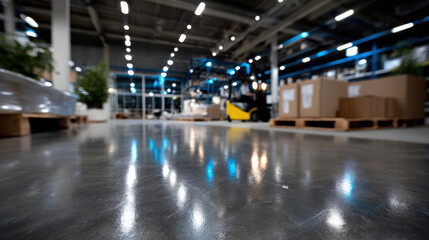 Obraz premium The image depicts a forklift lifting boxes amidst organized pallets, highlighting the systematic approach to storage and distribution within a modern warehouse space.
