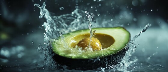 Halved avocado in water splash vibrant green and yellow fruit