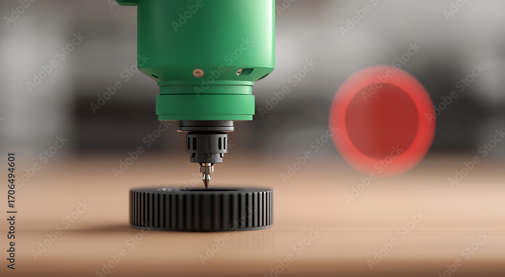 Poster automated precision: close-up of green milling machine working on a black gear. cutting-edge tech fo