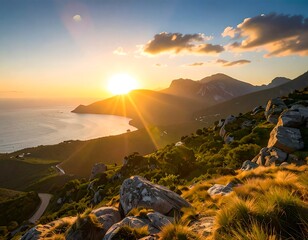 Panoramic sunset view over a coastal mountain range