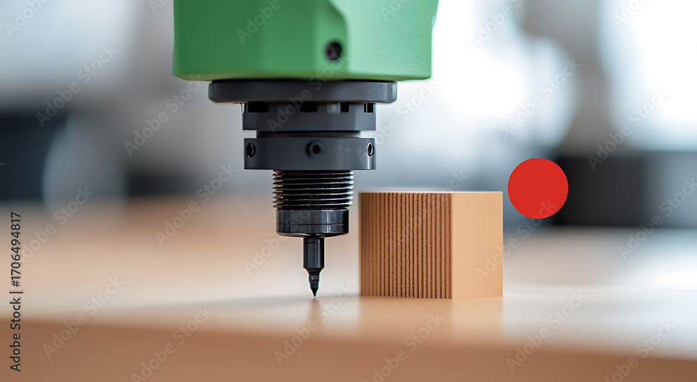 Poster precision manufacturing in action: a cutting tool precisely hovers above a patterned block. high-tec