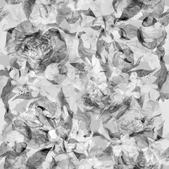 Seamless black and white abstract botanical pattern with flower textures in monochrome shades for textiles. High quality illustration