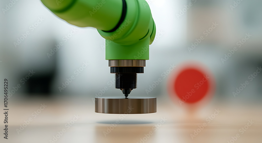 Poster precision robotics: a green robotic arm with a metallic tool accurately positioned above a round met