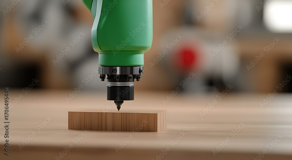 Poster Automated Woodworking: A green robotic arm precisely carves wood, blending technology and craftsmanship in a blurred workshop setting.